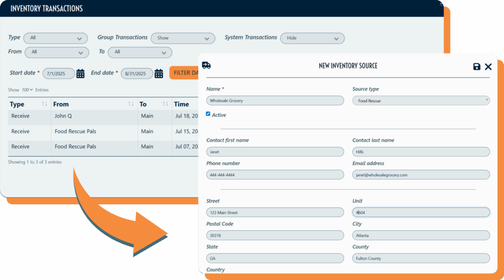 The inventory transactions dashboard on PantrySoft, with an orange arrow pointing to a pop-up window with fields to add a new inventory source.