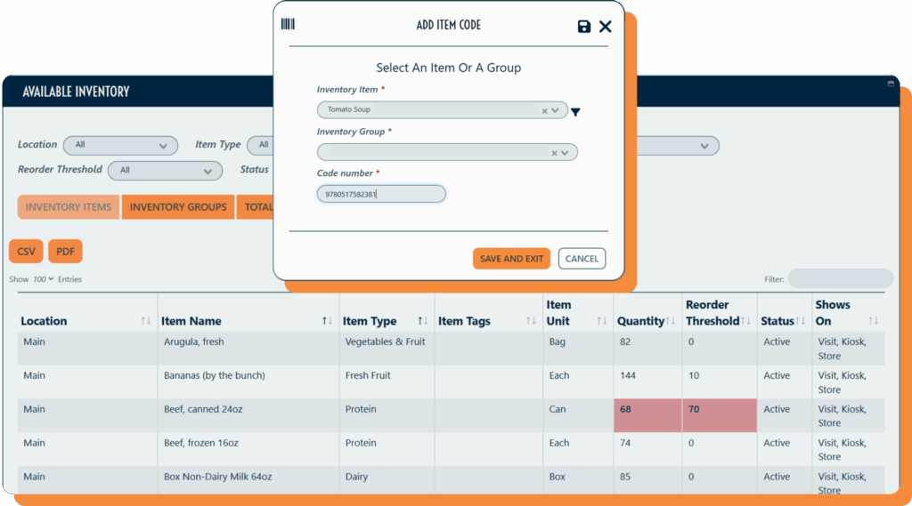 The available inventory dashboard on PantrySoft, with a small pop-up window on top with directions to add a new item barcode.
