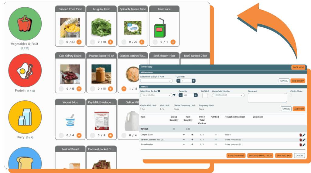The visit record screen with inventory items listed on the visit, with an orange arrow pointing to a larger screenshot in the background with pictures of available inventory items like canned corn, peanut butter, etc.
