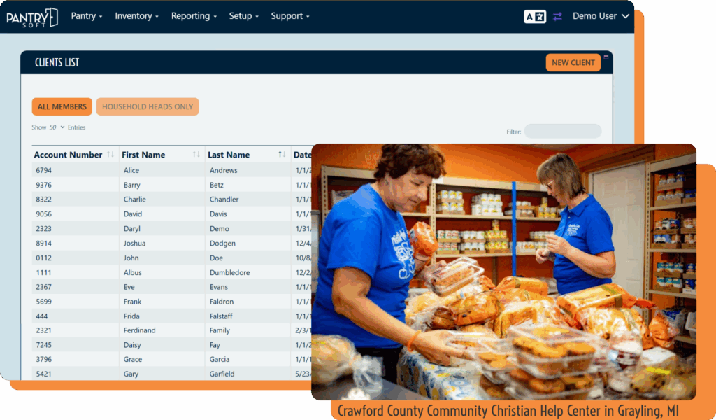 The PantrySoft dashboard is shown listing mock clients with columns for account number, name, date of birth, etc. In the foreground, a photo of two women in blue shirts sorting through bread and baked goods on a table in a food pantry. The photo is attributed to Crawford County Community Christian Help Center. 