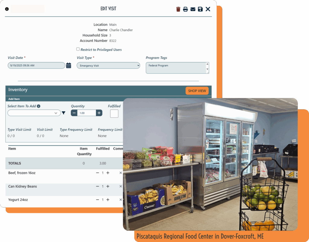 In the background, a screenshot of a visit record for mock client Charlie Chandlers with detailed information like visit type and list of pantry items received. In the foreground, a photo of a modern refrigerator with food items and shelves of grapes and bananas at a food pantry. The photo is attributed to Piscataquis Regional Food Center.