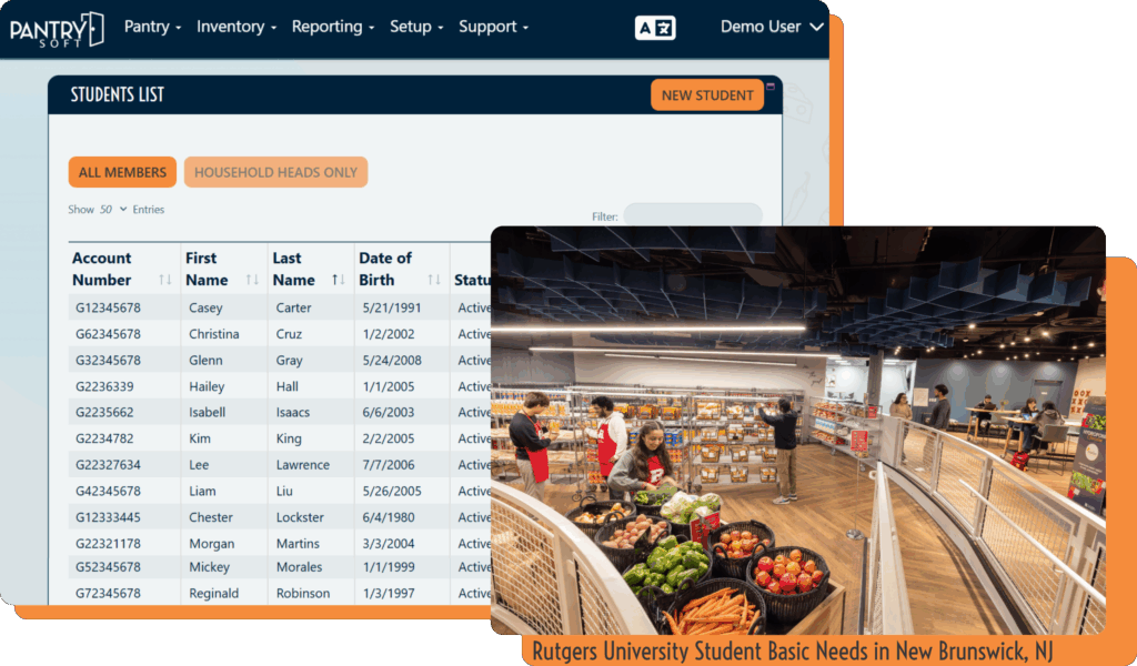 In the background, a screenshot of the dashboard listing mock students with columns for account number, name, date of birth, etc. In the foreground is a photo of a brightly lit student food pantry with students in red aprons. The photo is attributed to Rutgers University Student Basic Needs.