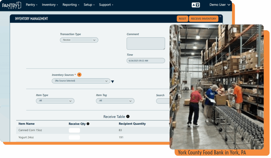 In the background, a screenshot of the inventory management dashboard. In the foreground, a photo of four volunteers in a large warehouse isle sorting items into a cardboard box. The photo is attributed to York County Food Bank.