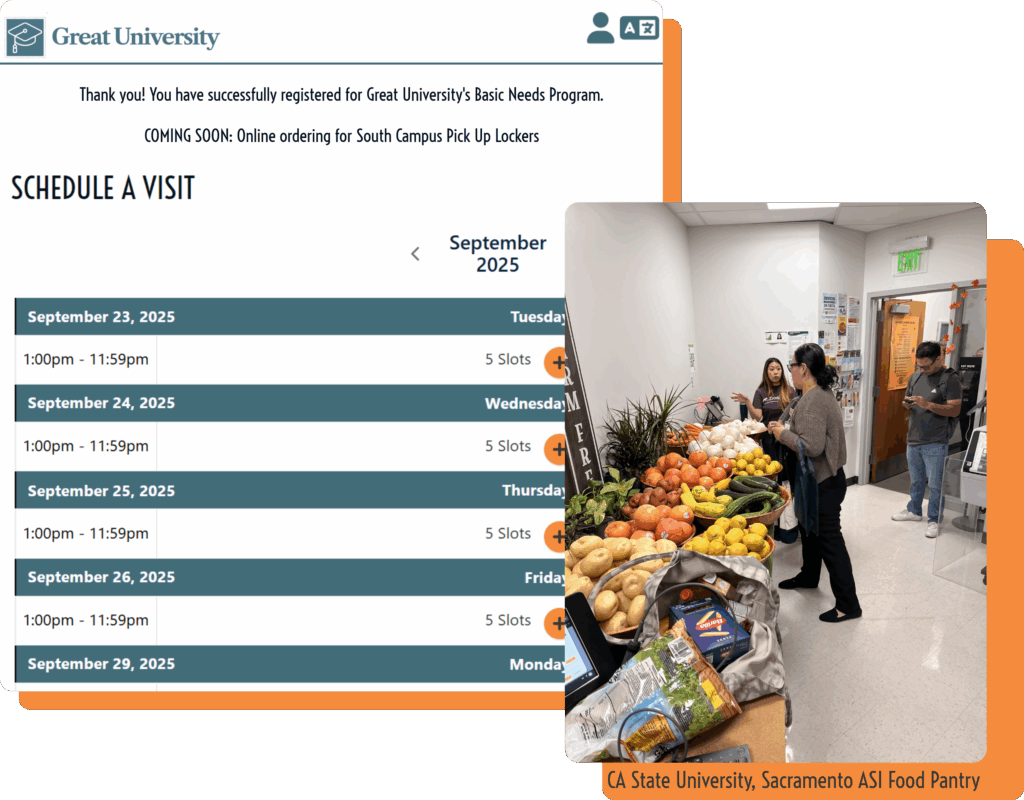 A screenshot of the online appointment scheduling window from the month of September, with available dates and times that can be selected with an orange plus button. In the foreground is a photo of a long table with fresh produce and a student with a shopping bag looking at the items. The photo is attributed to California State University Sacramento, ASI Food Pantry.