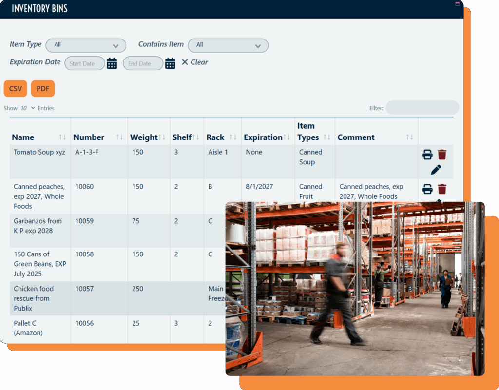 In the background, a screenshot of the inventory bins dashboard with columns for name, number, weight, shelf, expiration date, etc. In the foreground, a photo of a man walking quickly through a large warehouse.