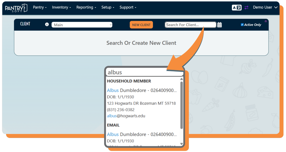 A large screenshot of the simple client search screen, with an orange arrow pointing to a small pop-up window with a screenshot of the mock client information that appears when you type “Albus” into the search bar, like name, date of birth, and address.
