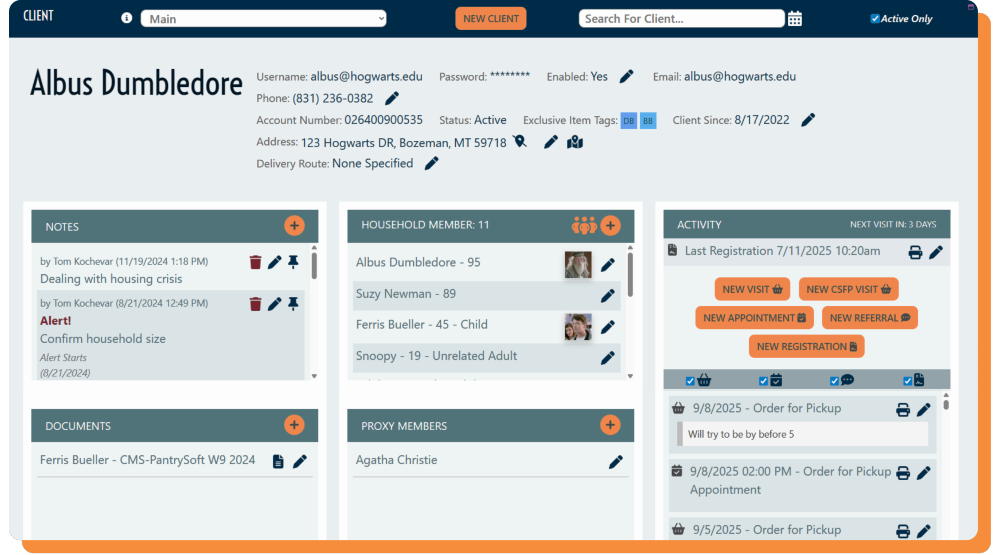 A large screenshot of a busy client record for mock client Albus Dumbledore. At the top fields for username, phone number, account number, exclusive items tags, and other basic information is displayed. There are also widgets for notes, household members, visit activity and documents below.