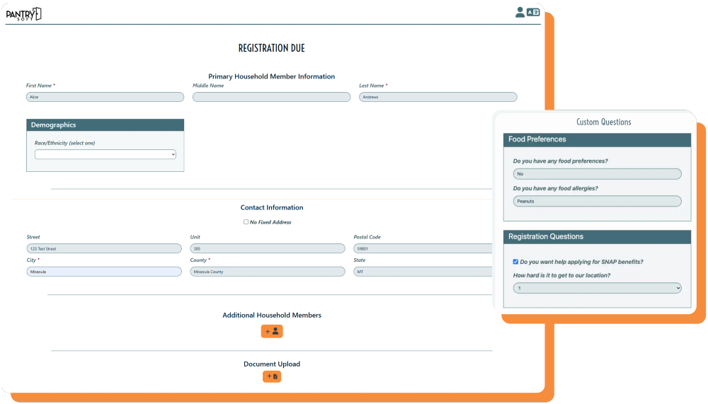 A large screenshot of a registration form with fields like name, demographic question, contact information, additional household members, and document uploads. There’s a small pop-up window with a screenshot of mock custom question like “Do you have any food allergies?”.