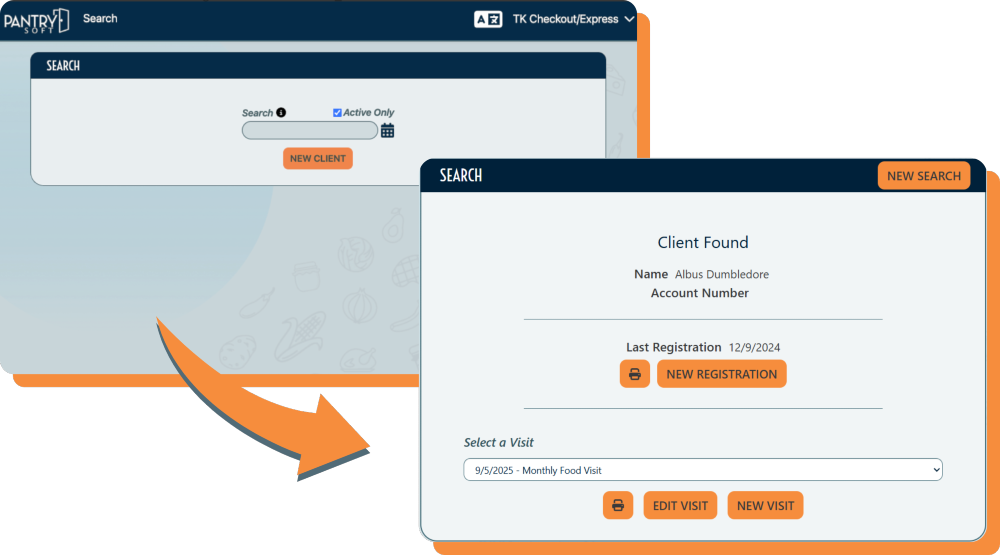 A screenshot of the Kiosk mode with a simple client search, with an orange arrow pointing to a pop-up window of a simplified client record for mock client Albus Dumbledore.