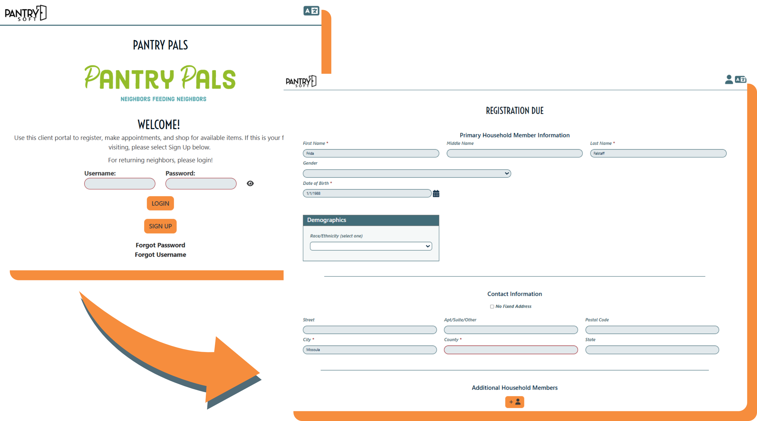 Screenshot of client login page leading to registration page