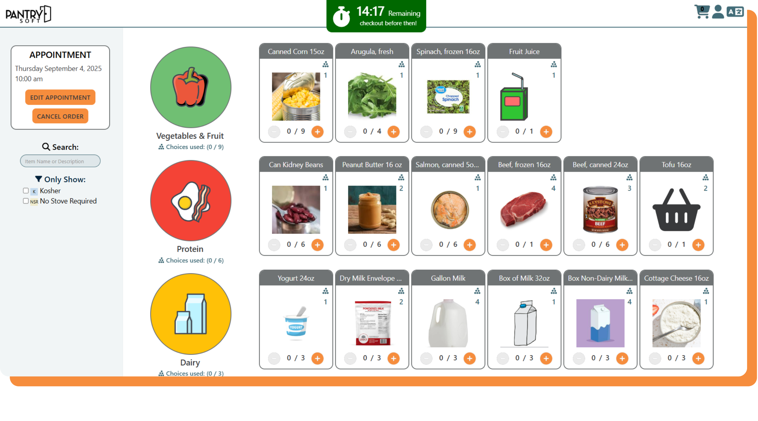 Screen with online storefront showing produce, proteins, and diary. 