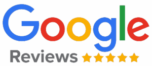 The Google Logo with the word Reviews followed by five yellow stars below it.