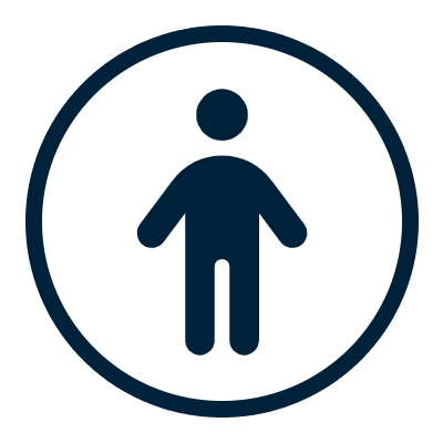 A dark blue icon that looks like a person in the middle of a circle.
