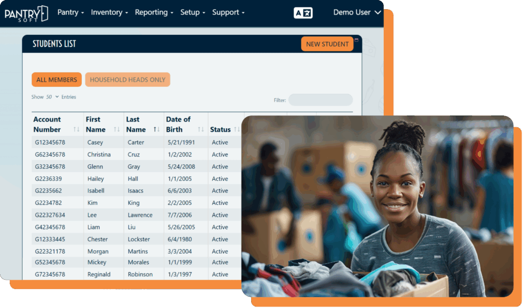 The PantrySoft client list page labeled as Students List with another image of a person standing near a box of clothes in the bottom right.