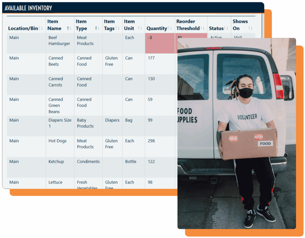 In the background is a screenshot of the Available Inventory screen listing food items with columns for location, item name, item type, etc. In foreground is a photo of a young man standing in front of a white van, holding a cardboard box labeled food.