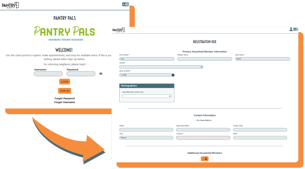 In the background the Pantry Pals login page on PantrySoft and in the front the Registration form on PantrySoft.