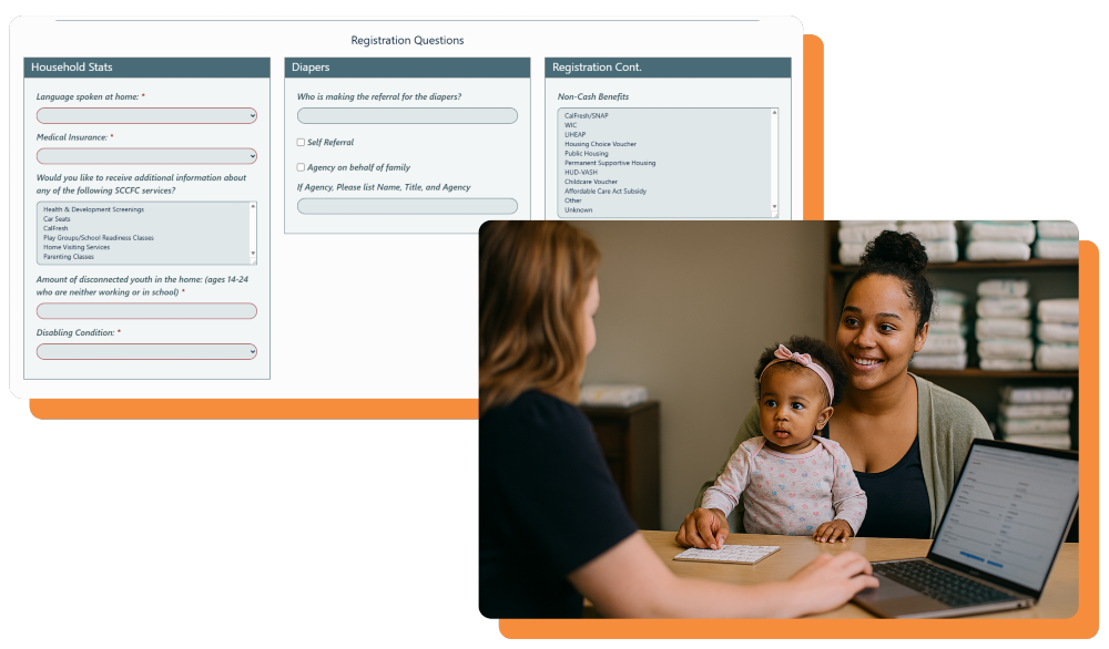 In the background the PantrySoft screen for custom registration questions on registration set up for a Diaper Pantry and in the front a woman and her child talking to a woman on a computer behind a desk.