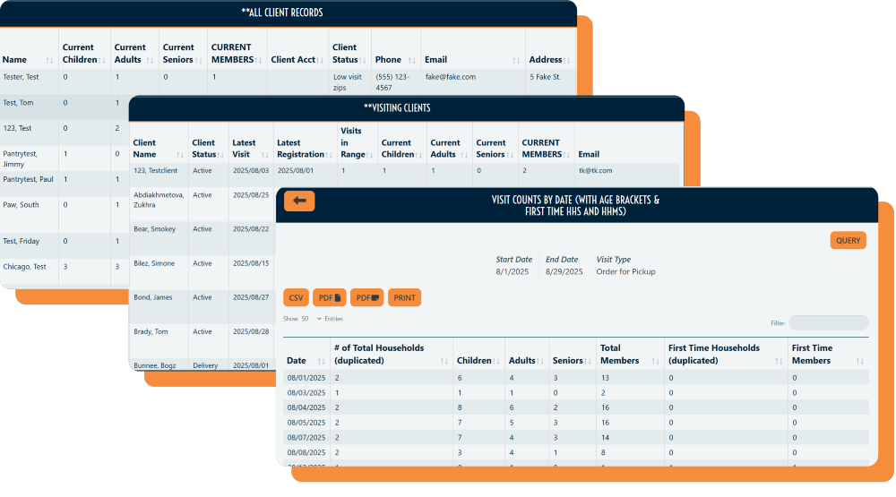 Three different PantrySoft reports overlayed over each other, All Client Records, Visiting Clients, and Visit Counts by Date.