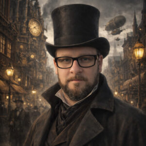 Paul in a steampunk England inspired area and attire.